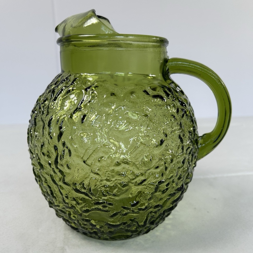 Vintage 1970s Anchor Hocking Milano/Lido Avocado Green Crinkle Ball Pitcher